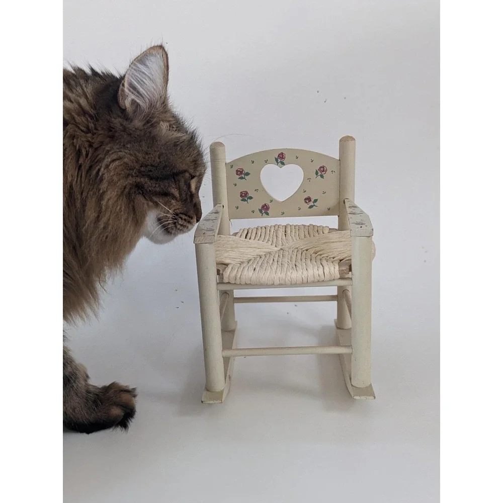 Vintage Miniature Wooden Rocking Chair Heart Cutout Rose Floral Woven Seat 8